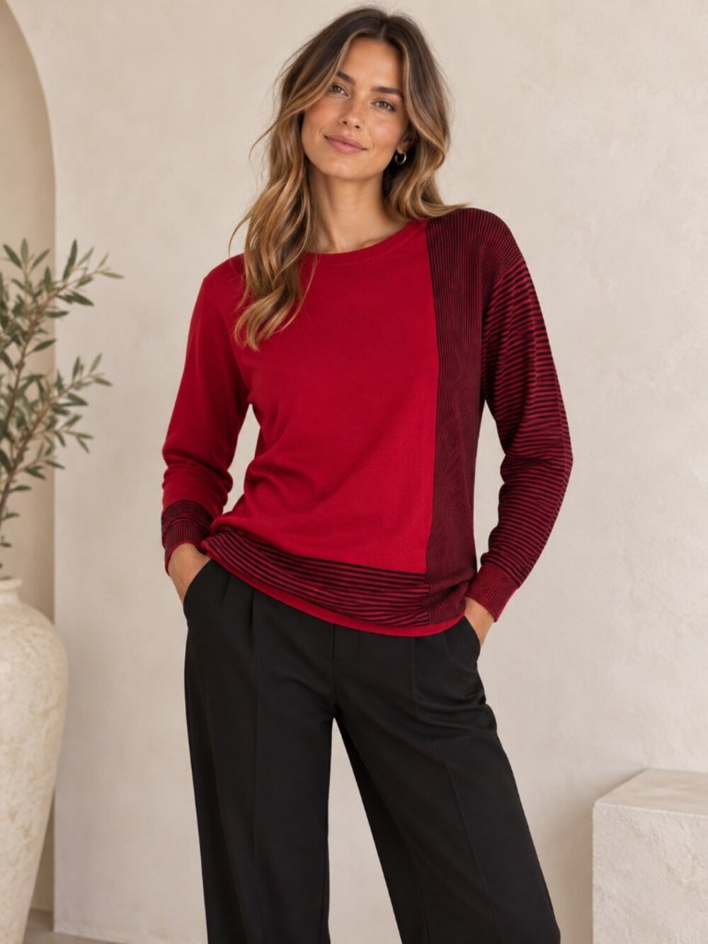 St. John red black stripes 100% wool sweater size L / 02
